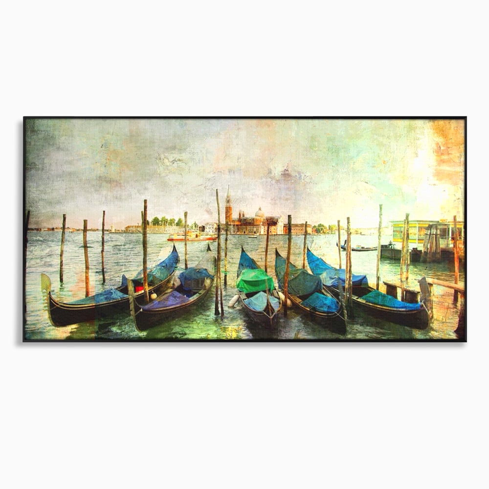 Tablou canvas cu pictura orizontala cu gondole in venetia, in rama de aluminiu negru